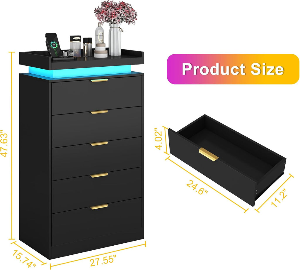 knoworld Tall Dresser for Bedroom, Black Dresser with LED Lights, Wood 5 Drawer Chest with Power Outlet, Modern Chest of Drawers for Bedroom, Living Room, Entryway, Hallway