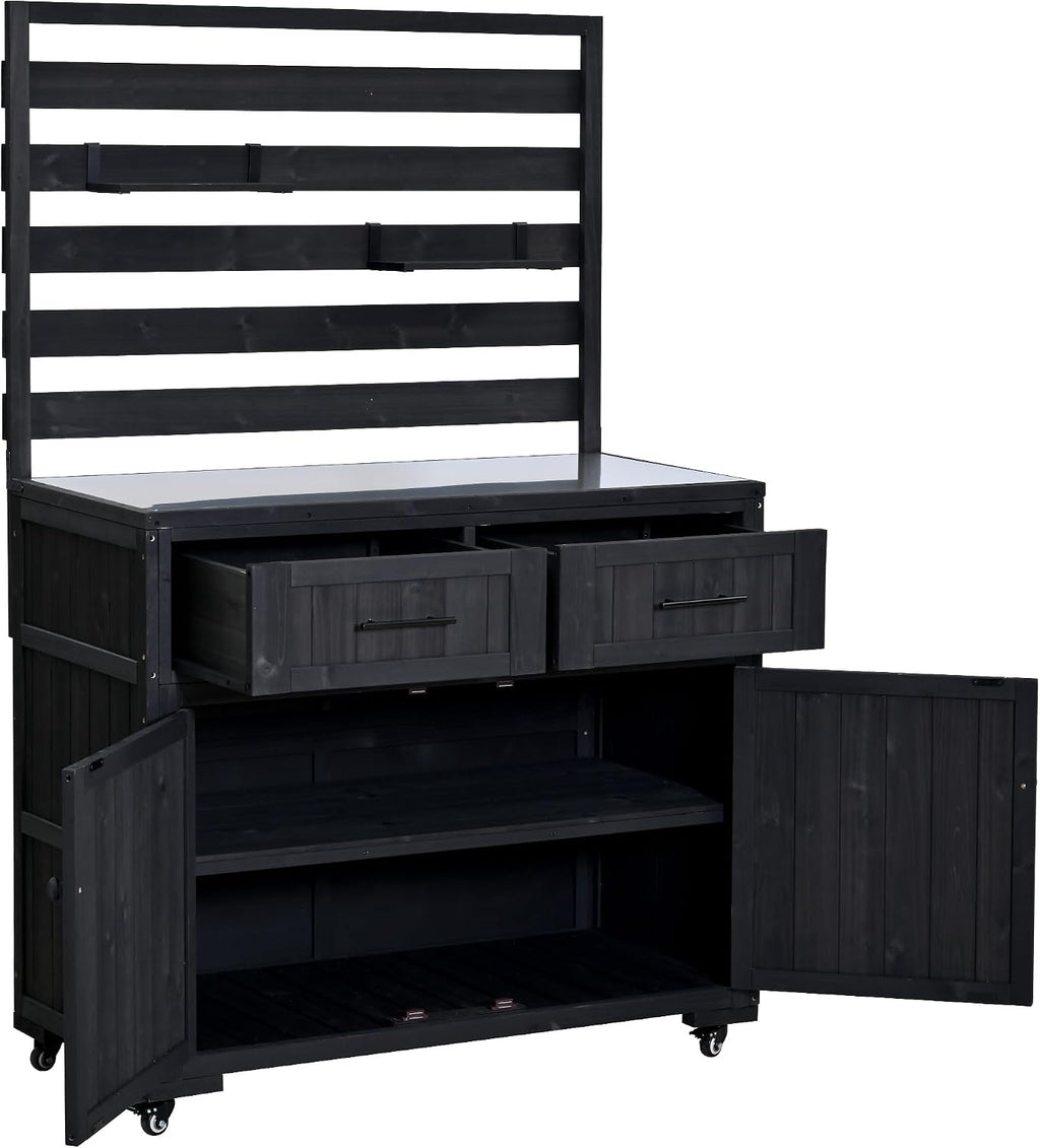 Merax 41.7'' W Patio Kitchen Island Solid Wood Kitchen Cart, Grill Prep BBQ Table, Garden Potting Bench with Stainless Table Top, 3 Movable Shelves and 2 Drawers,Black