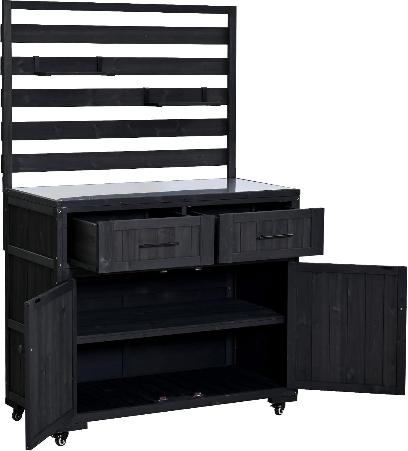 Merax 41.7'' W Patio Kitchen Island Solid Wood Kitchen Cart, Grill Prep BBQ Table, Garden Potting Bench with Stainless Table Top, 3 Movable Shelves and 2 Drawers,Black