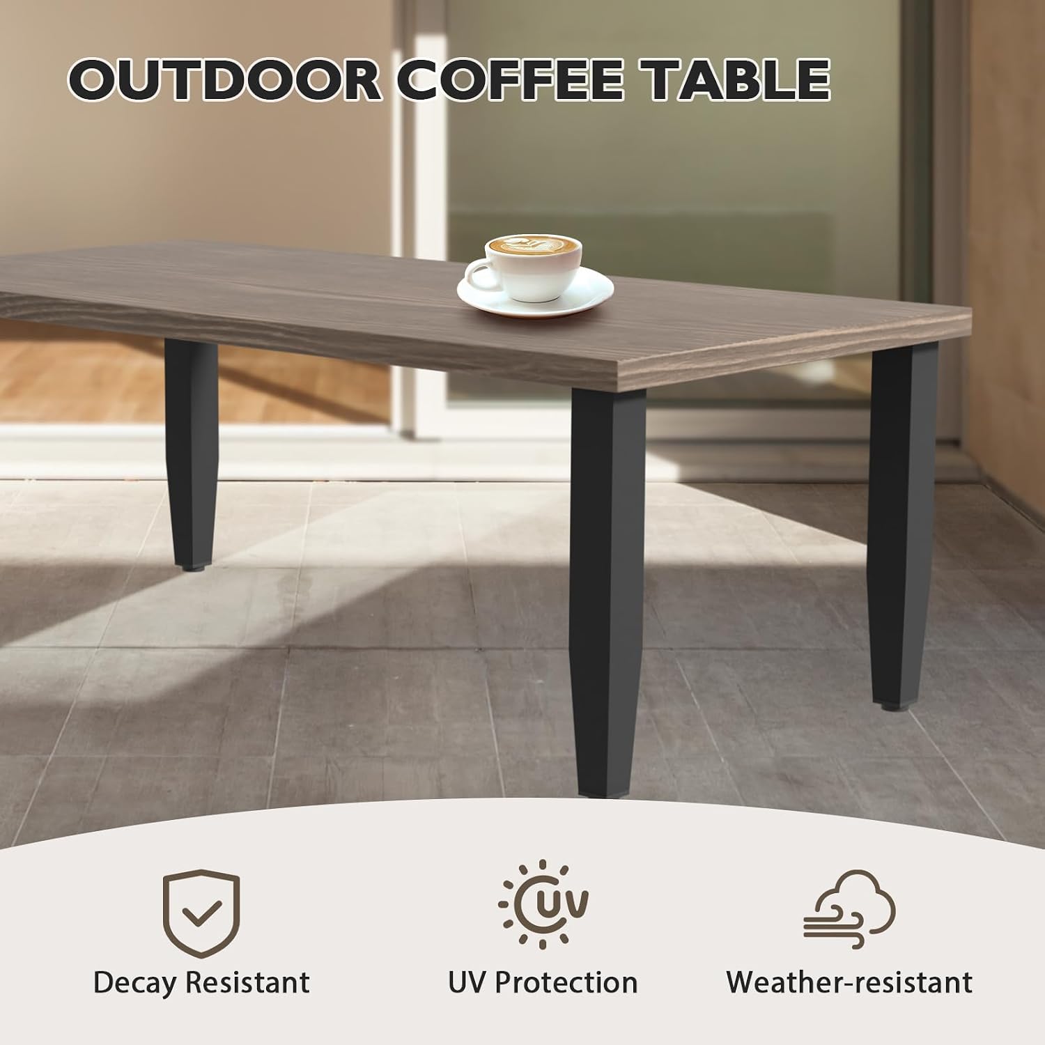 EAGLE PEAK Modern Outdoor Table, Patio Coffee Table with Wood Grain Top for Deck, Porch, Balcony, Garden