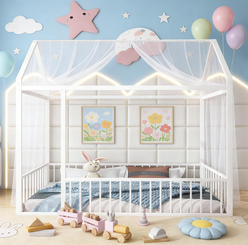 Bellemave Twin Size House Floor Montessori Bedframe with Rails and roof, Metal House Bed for Kids, Montessori Floor Beds for Kids, White