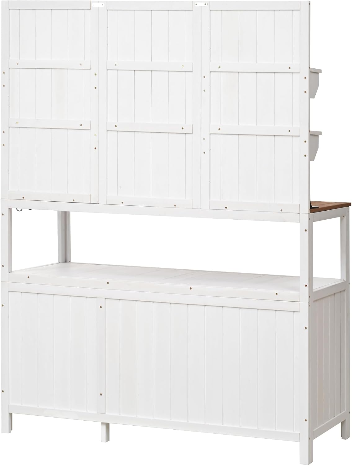 Rustic 50.2' Solid Fir Wood Patio Potting Bench with Hutch,Garden Workstation with Large Countertop,2 Shelves,2 Cabinets,3 Side Hooks,Planting Table for Backyard (White#H)