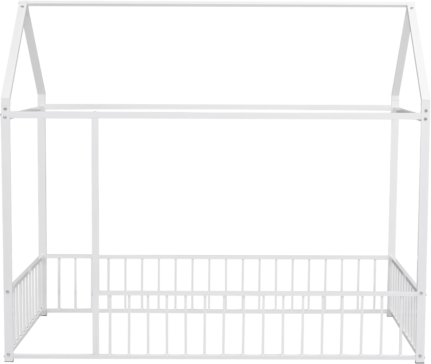 Bellemave Twin Size House Floor Montessori Bedframe with Rails and roof, Metal House Bed for Kids, Montessori Floor Beds for Kids, White