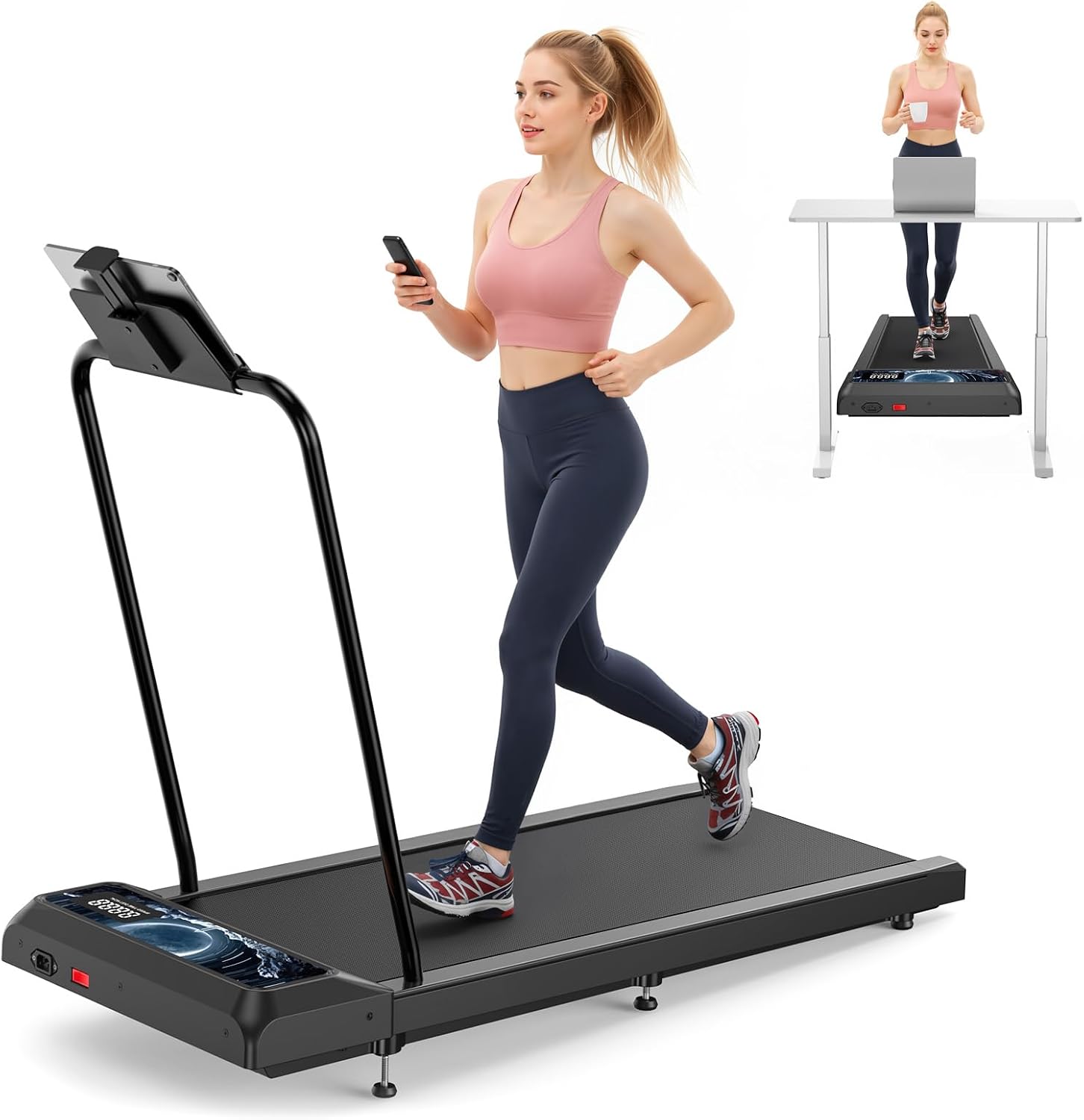 Walking Treadmill Pad with Handle Bar, Silent Fitness Equipment, Treadmill with 4-in-1 Modes, Easy Assembly, Portable Home Gym Equipment