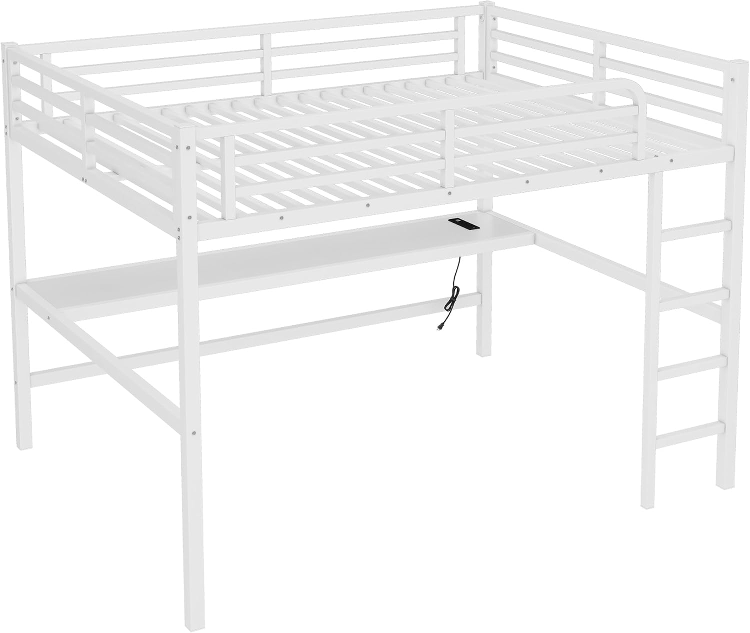Bellemave Metal Queen Size Loft Bed with Desk and Charging Station,Heavy Duty Loft Bed Frame with LED Lights and USB for Kids,Teens,Adults,Queen Size,White