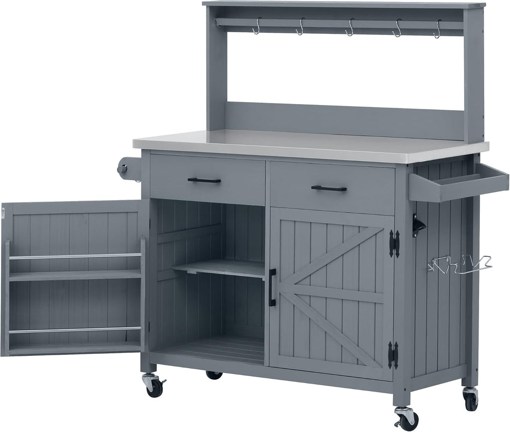 54.1' Outdoor Kitchen Island with Stainless Steel Top and High Shelf, Solid Wood Grill Cart with Lockable Wheels and Cabinet for BBQ, Outdoor Potting Bench Table for Garden, Gray Blue