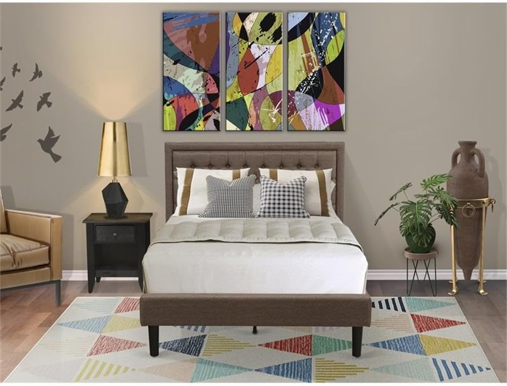 East West Furniture KD18F-1DE07 2 Piece Wood Bedroom Set - 1 Wood Bed Frame Brown Linen Fabric Padded and Button Tufted Headboard with 1 Small Night Stand - Distressed Jacobean Finish Nightstand