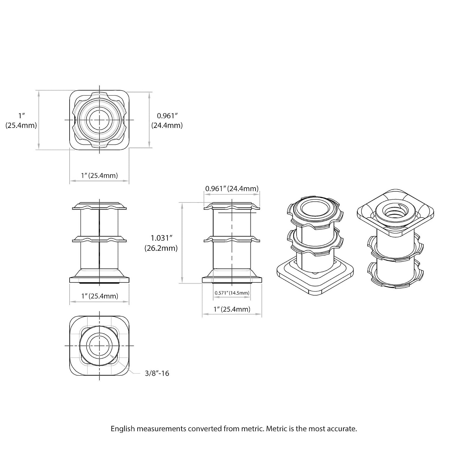 Outwater Industries Double Star Threaded Caster Insert | Heat Treated Steel | Fits 1 Inch Square 16-18 Gauge Tube | Thread: 3/8-16 | 100 Pack
