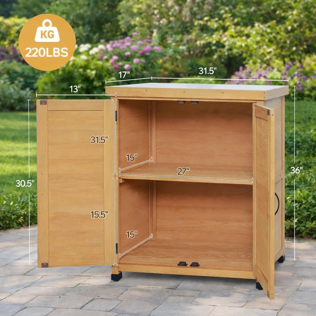 Potting Bench with Storage Cabinet & Metal Top, Solid Wood Hemlock Outdoor Work Station Table, X-Shape Sturdy Design, Magnetic Door, Gray/Light Brown, 31'x17'x36' (Light Brown)