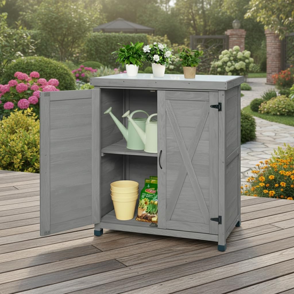 Potting Bench with Storage Cabinet & Metal Top, Solid Wood Hemlock Outdoor Work Station Table, X-Shape Sturdy Design, Magnetic Door, Gray/Light Brown, 31'x17'x36' (Gray)