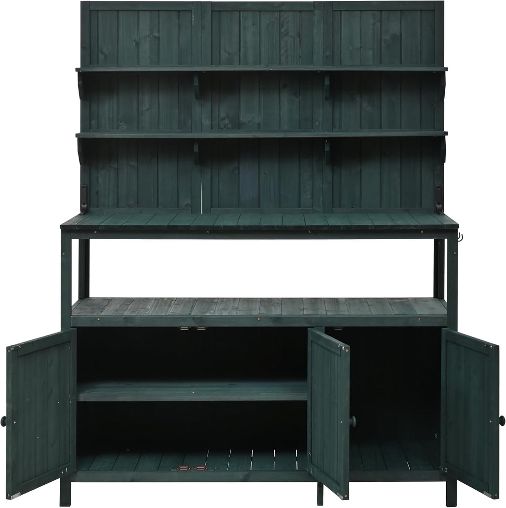 Potting Bench Table with Hutch, 50.2' Solid Fir Wood Garden Workstation, Large Countertop, 2 Shelves, 2 Cabinets, 3 Side Hooks, Outdoor Planting Table for Gardening, Forest Green