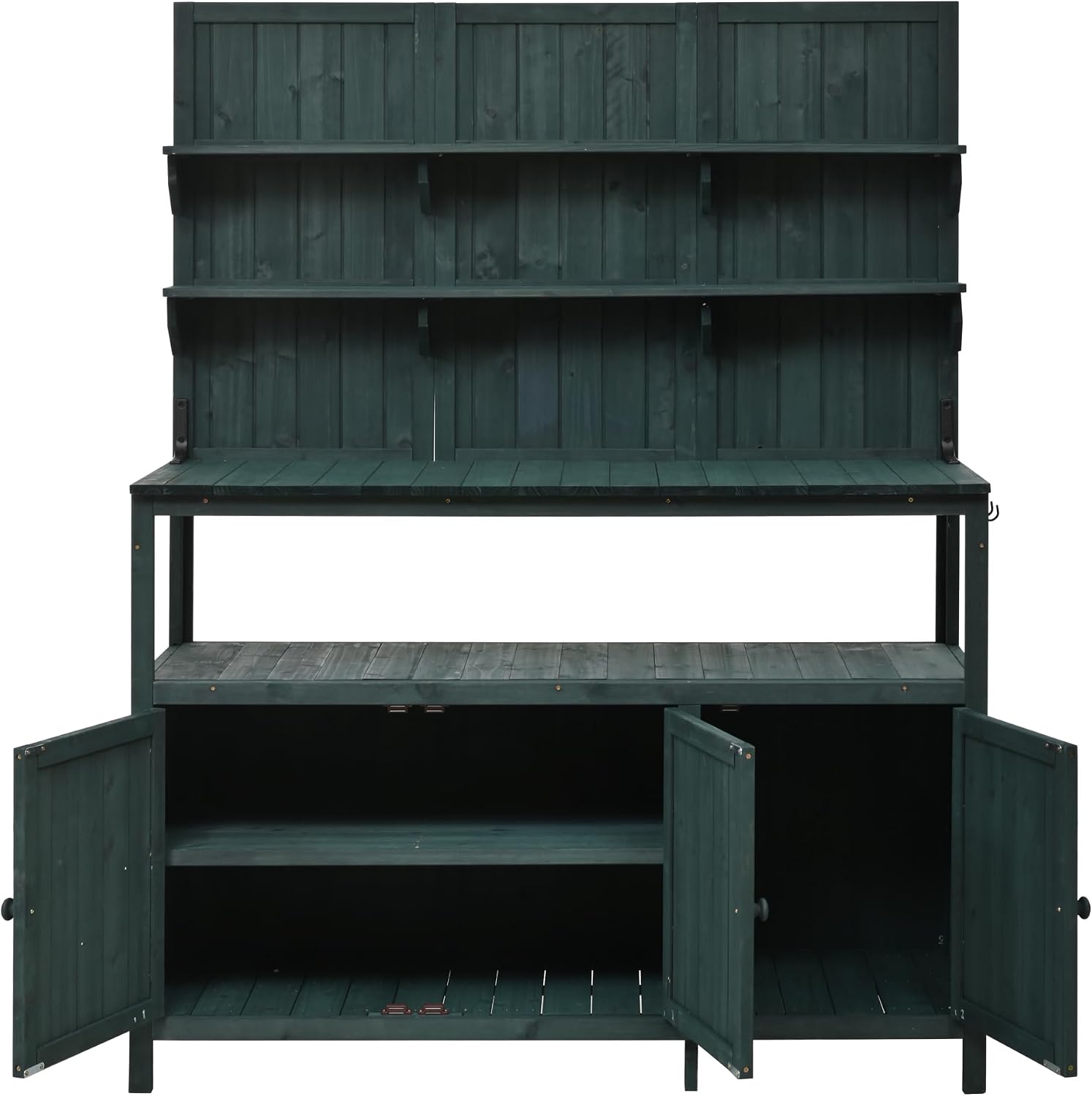 Potting Bench Table with Hutch, 50.2' Solid Fir Wood Garden Workstation, Large Countertop, 2 Shelves, 2 Cabinets, 3 Side Hooks, Outdoor Planting Table for Gardening, Forest Green