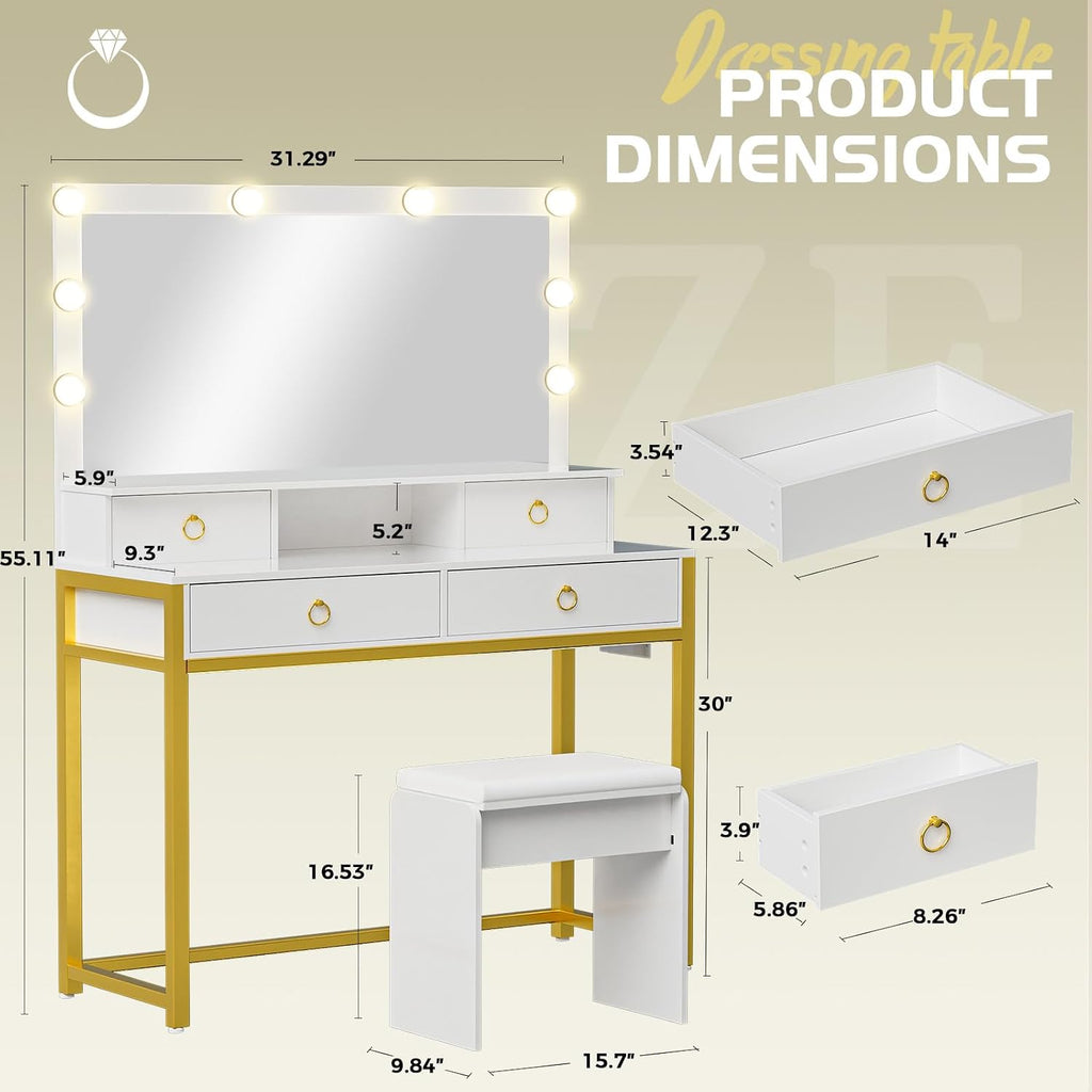 COMHOMA Makeup Vanity Desk with Mirror and Lights, Vanity Table and Chair Set with 4 Drawers and Charging Station, Bedroom Dresser Mirror& Adjustable 3 Color Modes, Storage Shelf, 32In White and Gold