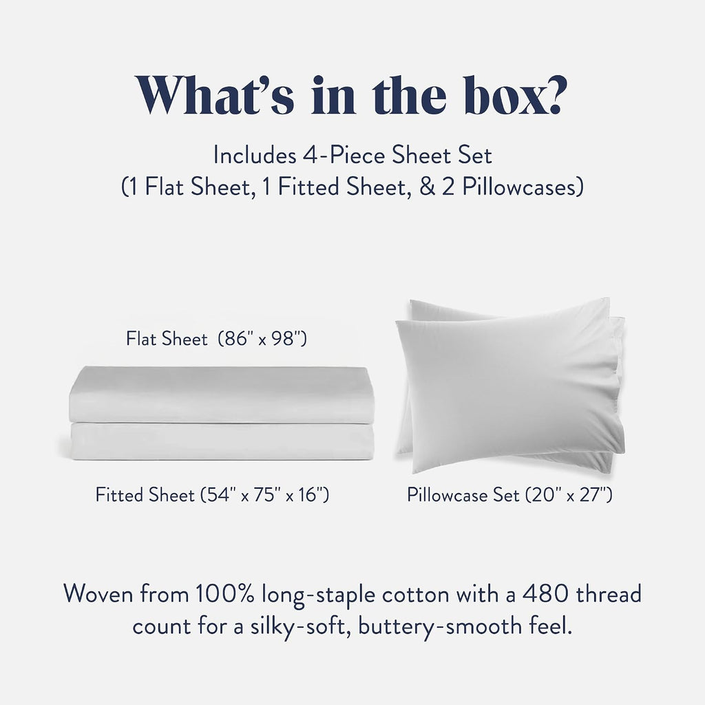 Brooklinen Luxury Sateen 4 Piece Sheet Set - 100% Cotton Bed Sheets, Soft & Durable Full Size Sheets Set in White, Oeko-TEX Certified Bedding Set - 1 Fitted Sheet, 1 Flat Sheet, 2 Pillowcases