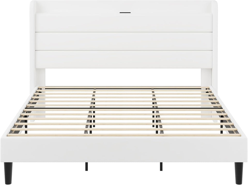SHA CERLIN King Size Bed Frame with Charging Station, Velvet Upholstered Platform Bed, Wingback Storage Headboard, Type-C & USB Ports, Strong Wooden Slats, No Box Spring Needed, Easy Assembly, White
