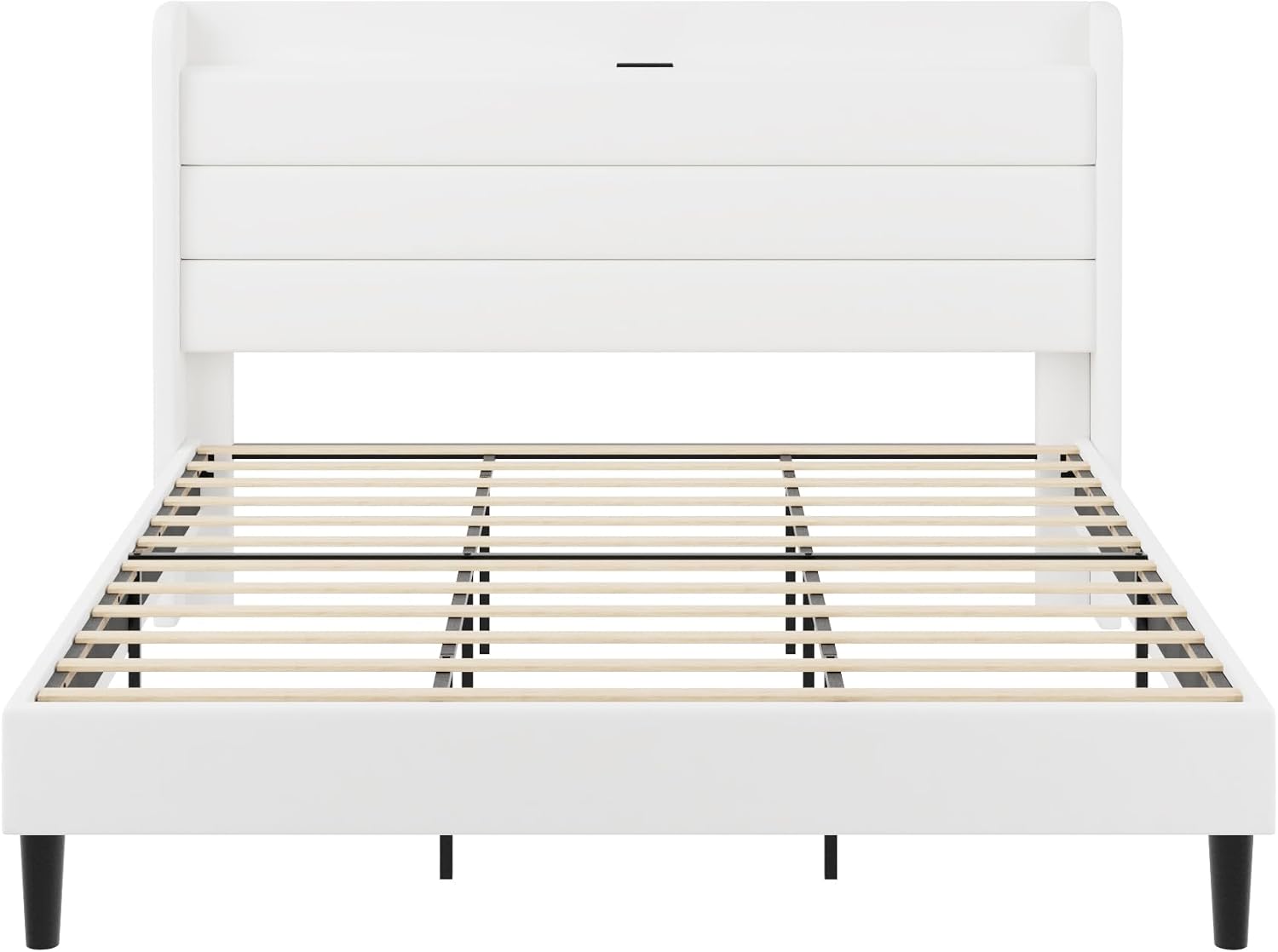 SHA CERLIN King Size Bed Frame with Charging Station, Velvet Upholstered Platform Bed, Wingback Storage Headboard, Type-C & USB Ports, Strong Wooden Slats, No Box Spring Needed, Easy Assembly, White