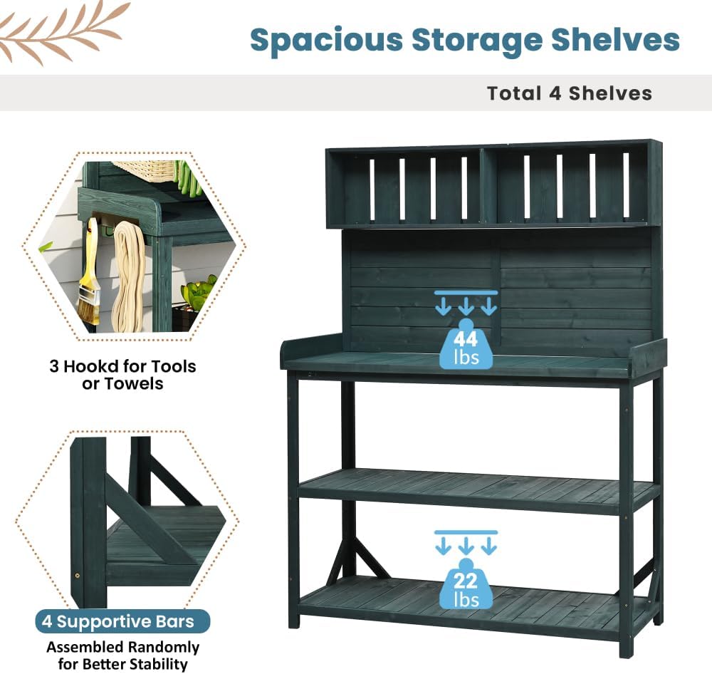 Rustic Wooden Garden Potting Bench with Storage Shelves and Side Hook for Outdoor Patio Workstation and Planting Tasks (Green + Solid Wood + Wood-1)