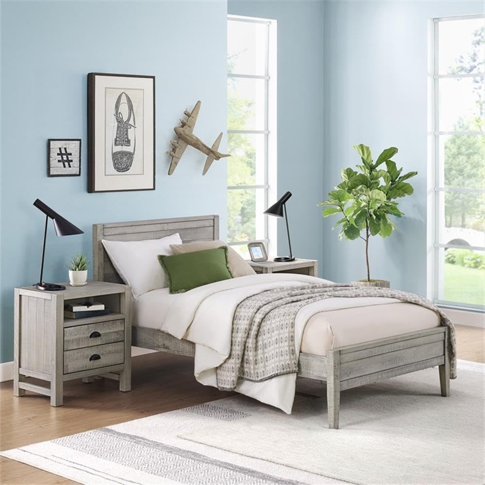 Windsor 3-pc Kids Bedroom Set, Twin Panel Bed, Rustic Gray, Two Matching Nightstands, Pine Wood, Metal Drawer Glides, 42 in. W x 79 in. D x 39 in. H Bed, 22 in. W x 17 in. D x 25 in. H Nightstands