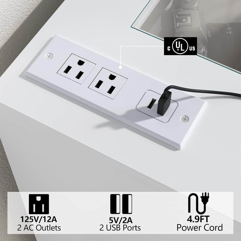 Gyfimoie 8 Drawer Dresser with Power Outlet, White Dresser for Bedroom Chest of Drawer with Glass Top & LED Light, Modern Double Wide Drawer Organizer Cabinet for Living Room (White)