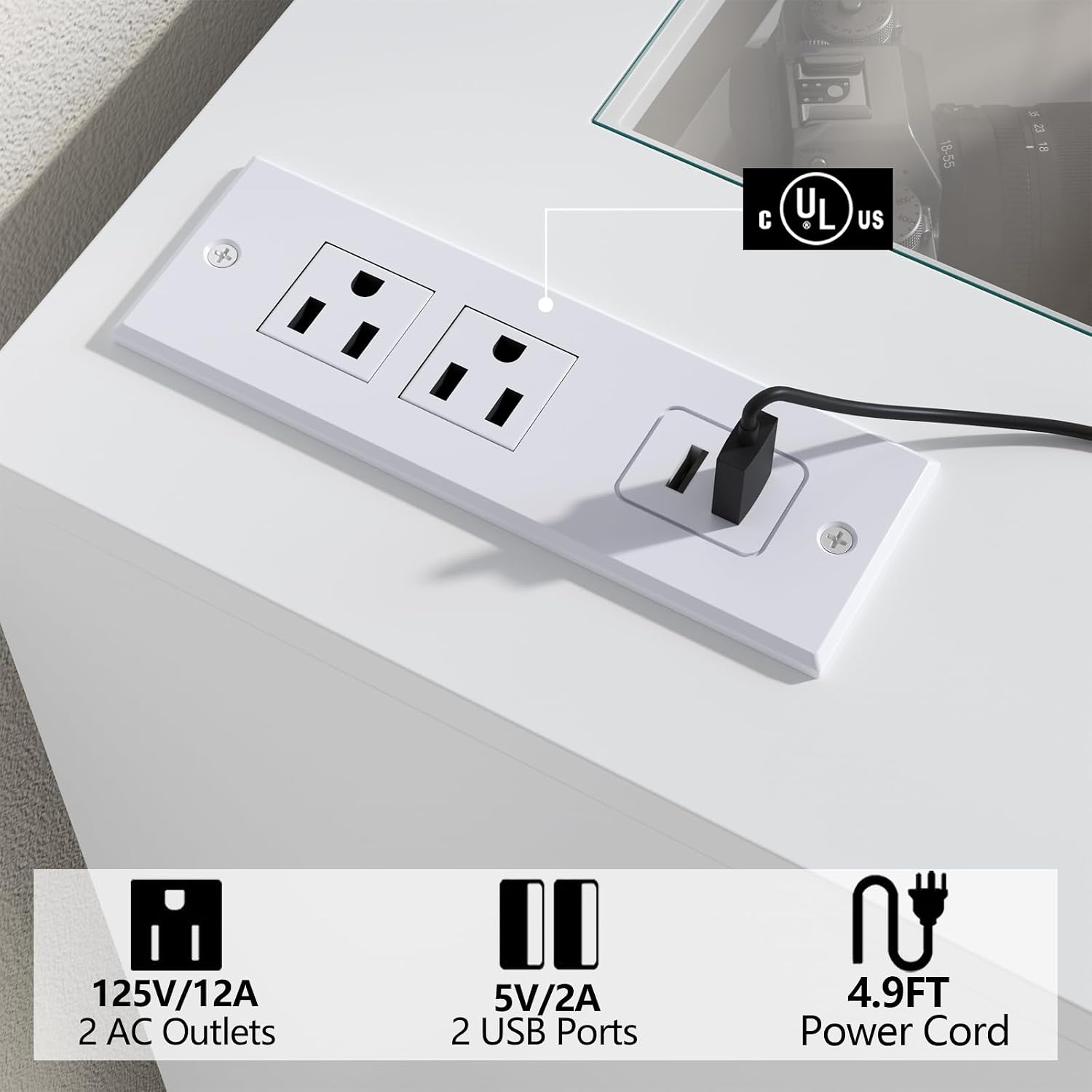 Gyfimoie 8 Drawer Dresser with Power Outlet, White Dresser for Bedroom Chest of Drawer with Glass Top & LED Light, Modern Double Wide Drawer Organizer Cabinet for Living Room (White)