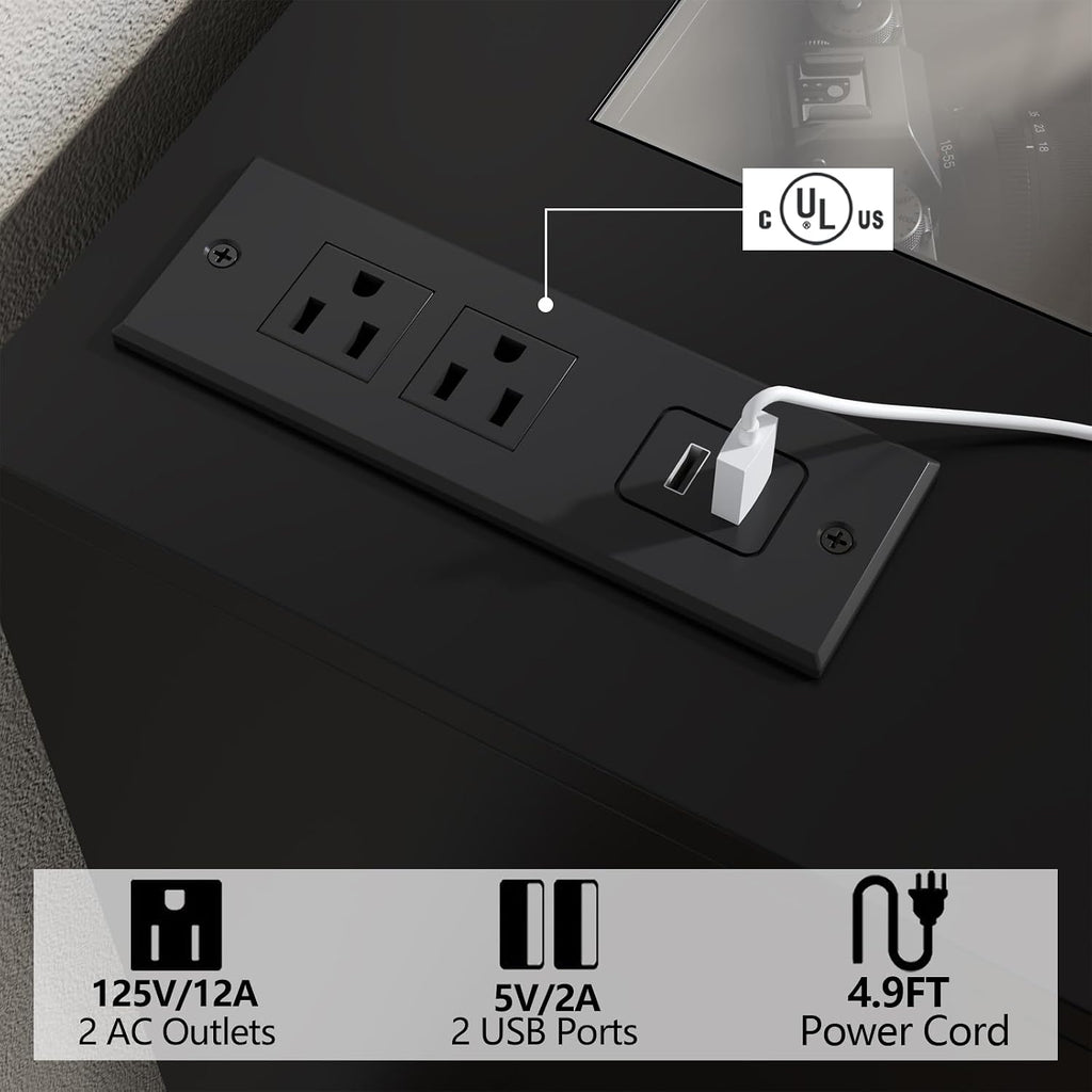 Gyfimoie 8 Drawer Dresser with Power Outlet, White Dresser for Bedroom Chest of Drawer with Glass Top & LED Light, Modern Double Wide Drawer Organizer Cabinet for Living Room (Black)