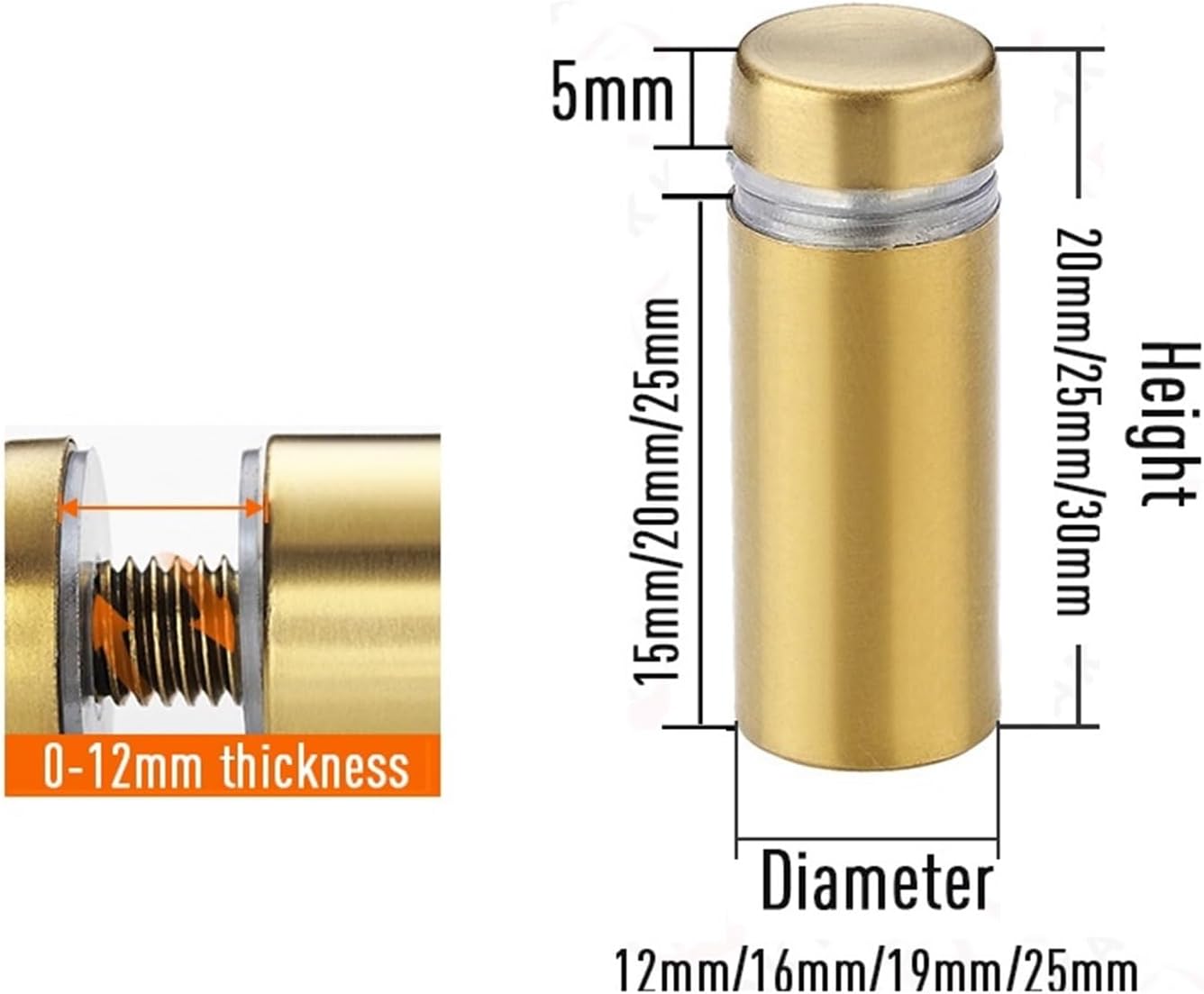 Standoff Fixings， 20pcs Standoff Fixings,Stainless Steel Advertising Sign Standoff Screws Bolts Holder Advertisement Nails Mounts Screws(Brushed Gold,12x25mm)