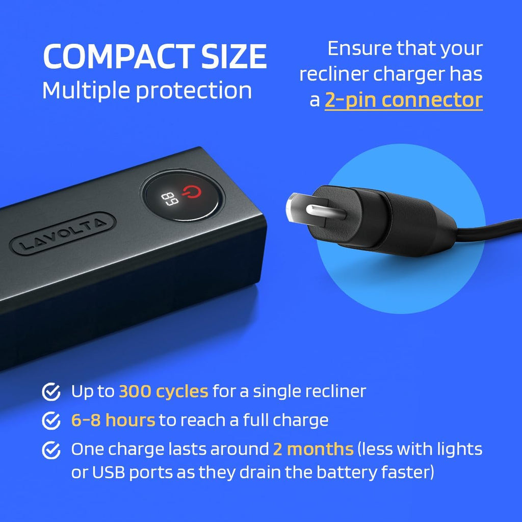 Lavolta Battery Pack for Reclining Furniture - 5200 mAh Rechargeable Recliner Battery Pack - Universal 2-Pin Power Supply for Electric Recliners, Recliner Chair, Couch, Sofa