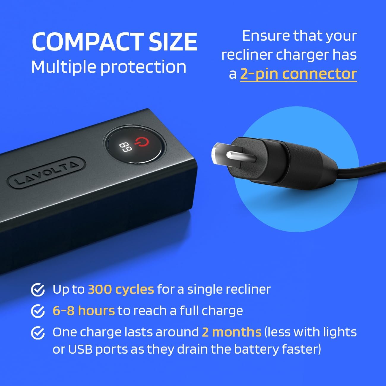Lavolta Battery Pack for Reclining Furniture - 5200 mAh Rechargeable Recliner Battery Pack - Universal 2-Pin Power Supply for Electric Recliners, Recliner Chair, Couch, Sofa
