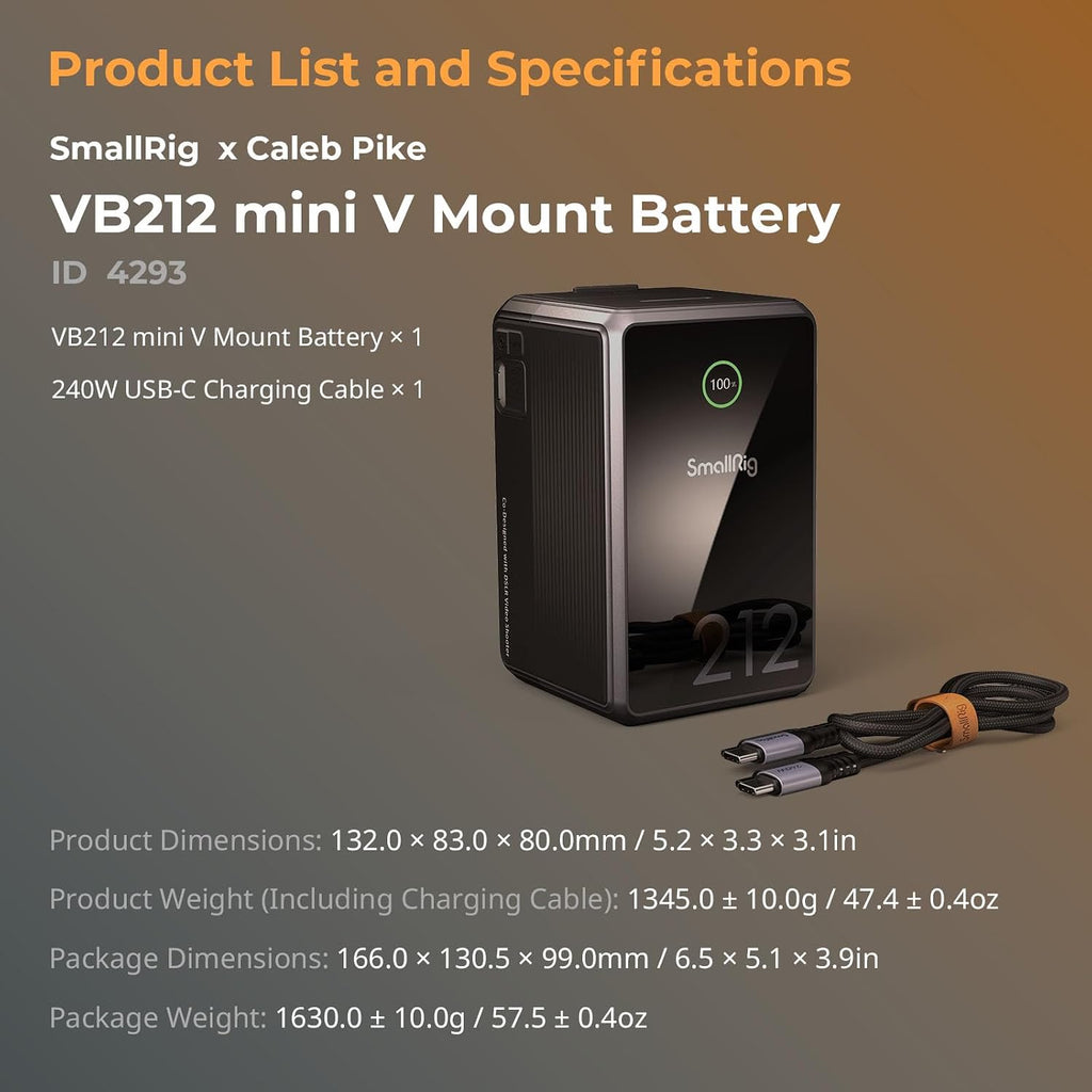 SMALLRIG V Mount Battery VB212, 212Wh / 14400mAh V Mount Battery with 140W Output, 2H Full Charge, with Dual USB-C, D-TAP, DC Port, Smart Digital Display for Video Light, Camera, Camcorder, Monitor