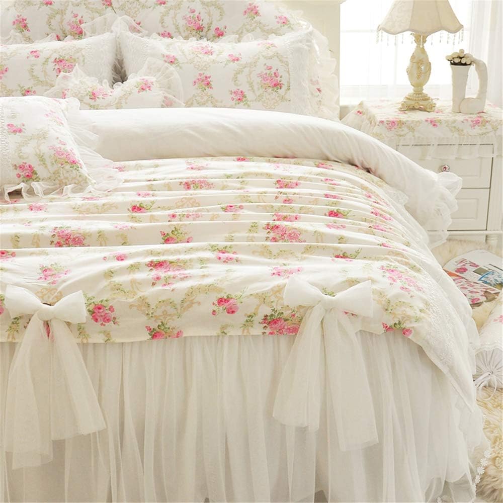 LELVA Girls Bedding Set Lace Ruffle Duvet Cover Sets with Bed Skirt Princess Bedding Set Vintage Floral Print Duvet Cover Twin Size 4 Piece (Full, White)