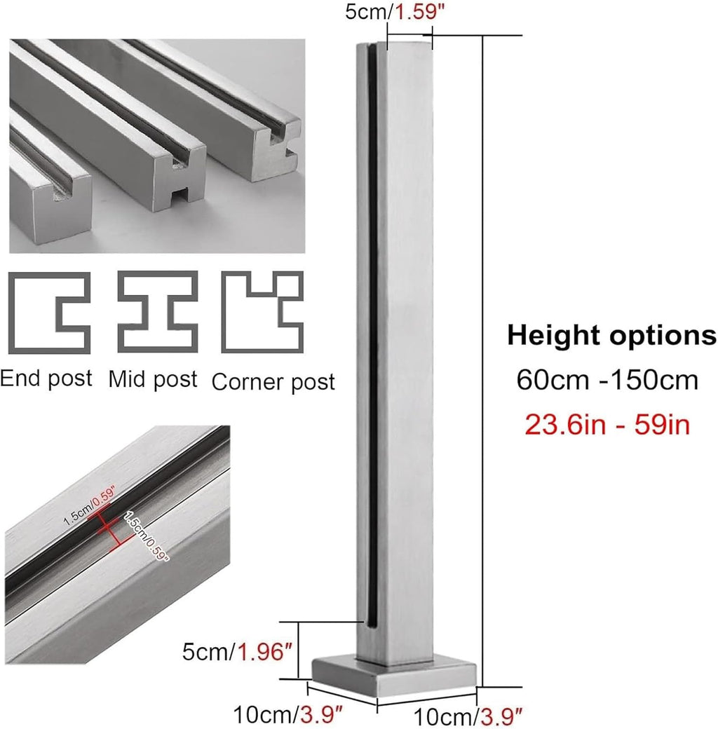 Silver Glass Balustrade Post End Middle Corner Post, 304 Stainless Steel Black Glass Railing Post with Spigot Slots & Sturdy Base for Steps, Balcony, Stairway, Deck, Patio Stairs(End Post,80cm/31.5in)
