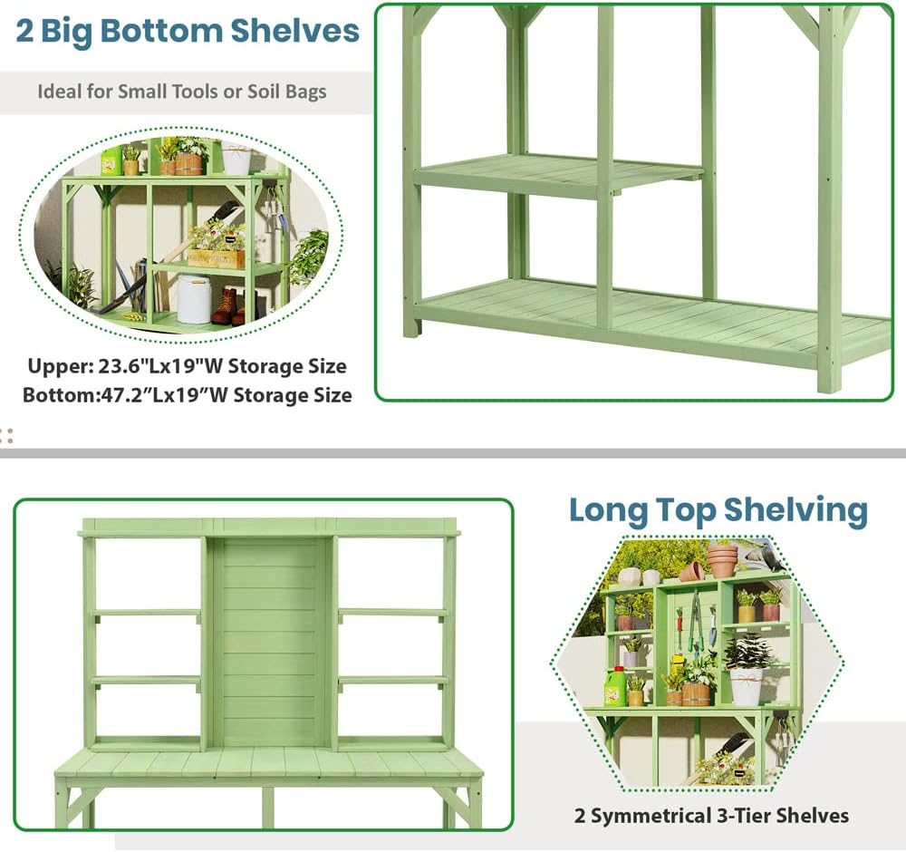Garden Potting Bench Table with 4 Storage Shelves and Side Hook, 65' Large Wooden Farmhouse Rustic Outdoor Patio Workstation, Garden Potting Bench with Splash Plate (Green)