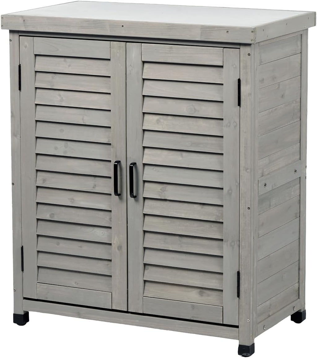 Outdoor Tool Storage Cabinet, Potting Bench with Storage Cabinet, Small Weather-Resistant Potting Table with Metal Table Top for Garden Backyard Patio, Gray