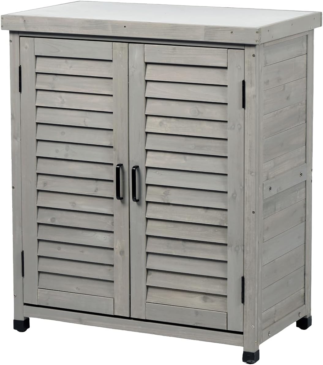 Outdoor Tool Storage Cabinet, Potting Bench with Storage Cabinet, Small Weather-Resistant Potting Table with Metal Table Top for Garden Backyard Patio, Gray