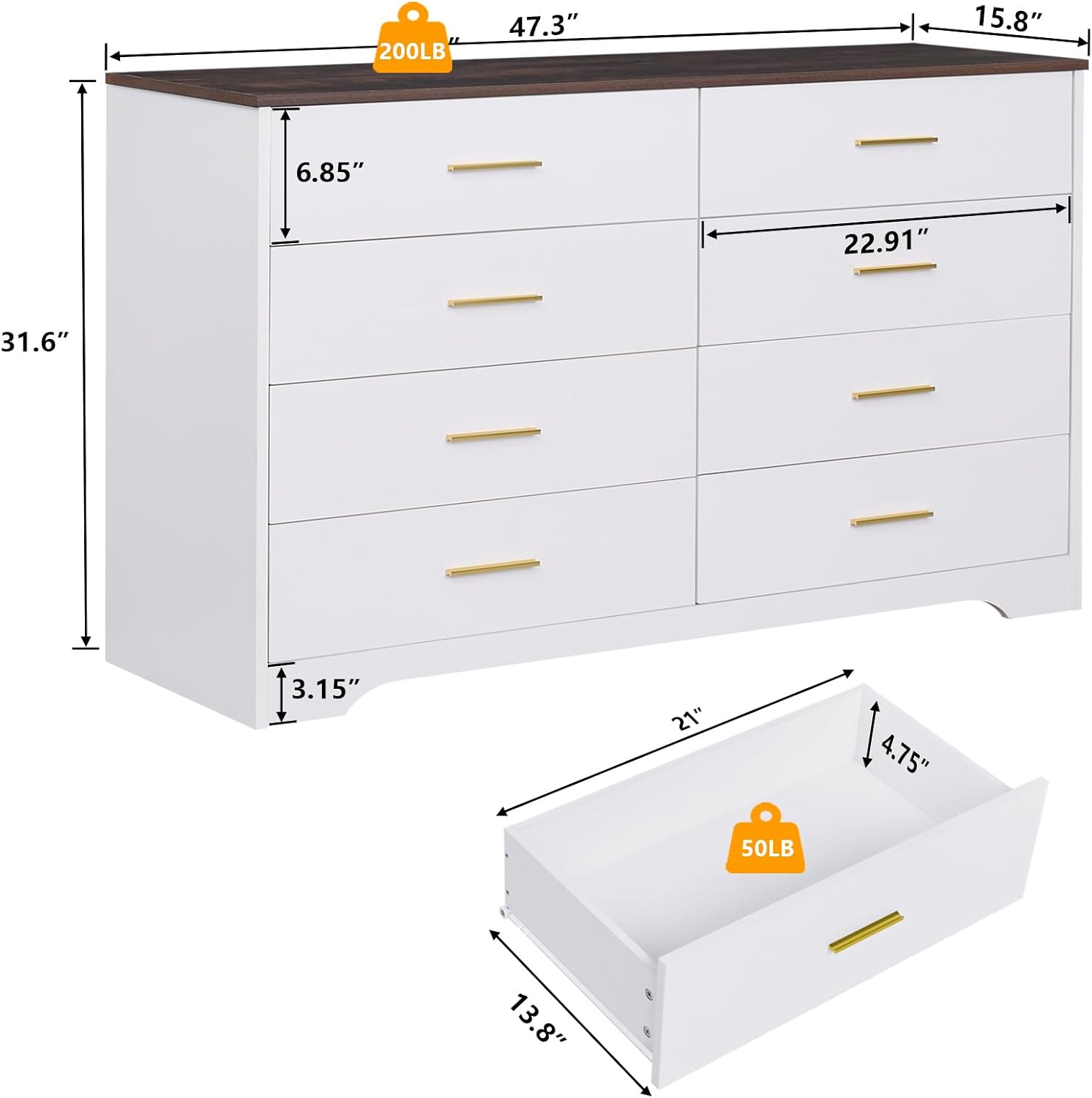 LIDYUK White Dresser for Bedroom, 8 Drawer Dressers & Chests of Drawers, Modern Wood Dresser, 48 Inches Wide Chest of Drawers for Bedroom, Hallway, Living Room