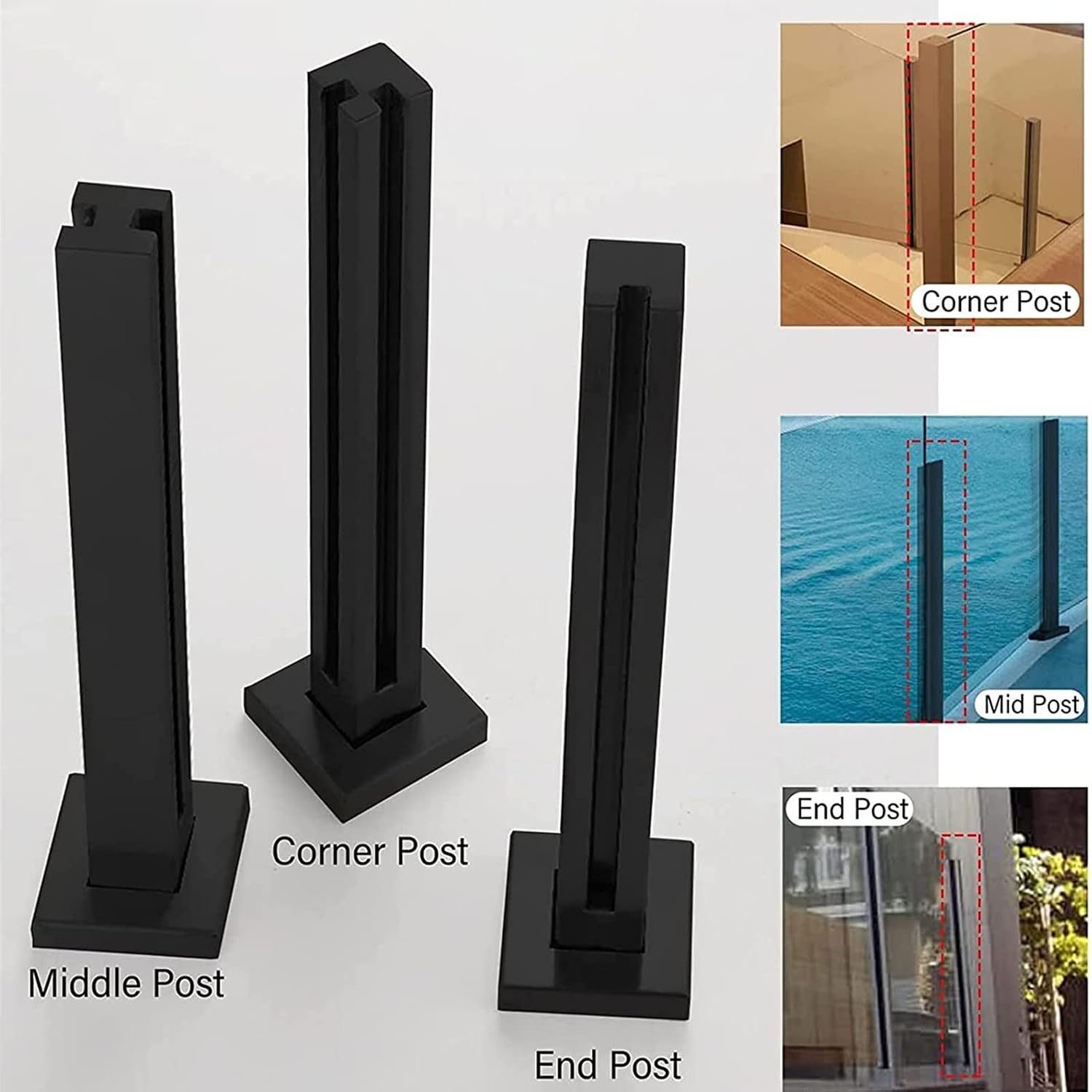 Shower Glass Clamp, Square Glass Railing, Black Glass Panels Post Steel Guardrail, Outdoor Deck Balcony Patio Railing System Clamps, Height 65/75/85/95/105/115cm Fence Pole Column(End Post,Height-85cm