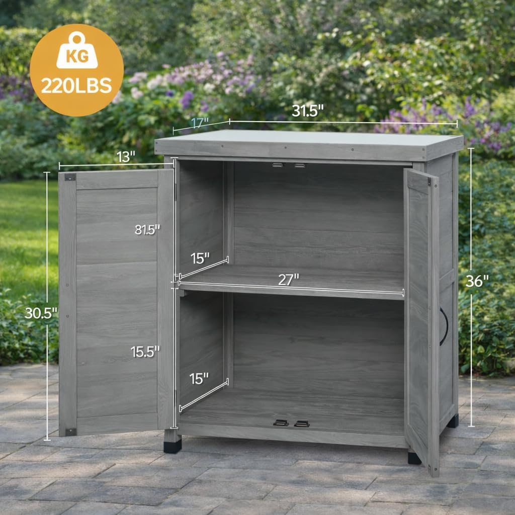 Potting Bench with Storage Cabinet & Metal Top, Solid Wood Hemlock Outdoor Work Station Table, X-Shape Sturdy Design, Magnetic Door, Gray/Light Brown, 31'x17'x36' (Gray)