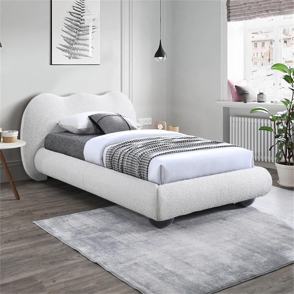 Meridian Furniture HydeCream-T Hyde Collection Modern | Contemporary Twin Bed with Rich Cream Boucle Fabric, Both Natural and Black Finish Solid Wood Legs, 54.5' W x 85.5' D x 35.75' H, Cream, Twin