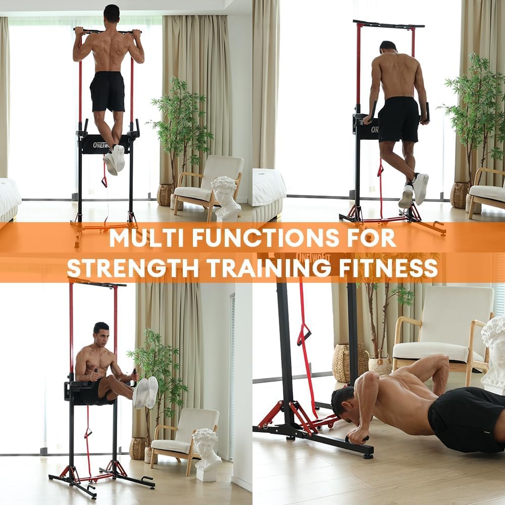 ONETWOFIT Foldable Power Tower Pull Up Bar Station, Multi-Function Adjustable Height Pull Up Dip Station for Gym Workout, Strength Training Fitness Equipment, Pull Up Stand Pro 400LBS/Pro Max 600LBS