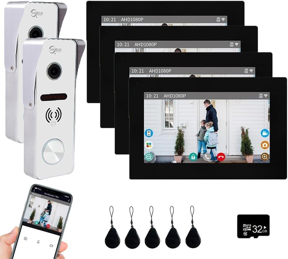 Wired Video Doorbell Apartment Intercom,7 inch Touch Screen Monitor 1080P Door Bell Camera TUYA Smart Home Door Phone Kits,3 in 1 Unlock RFID Card for Home Villa,32G (2 doorbell+4 Monitor)