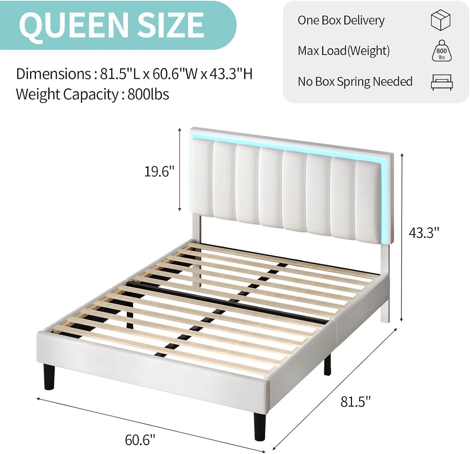 IMMERSTABLE Queen Bed Frame with RGB LED Lights, Upholstered Platform Bed Frame with Headboard, Wood Slat Support, No Box Spring Needed, Quiet Design, Easy Assembly, White