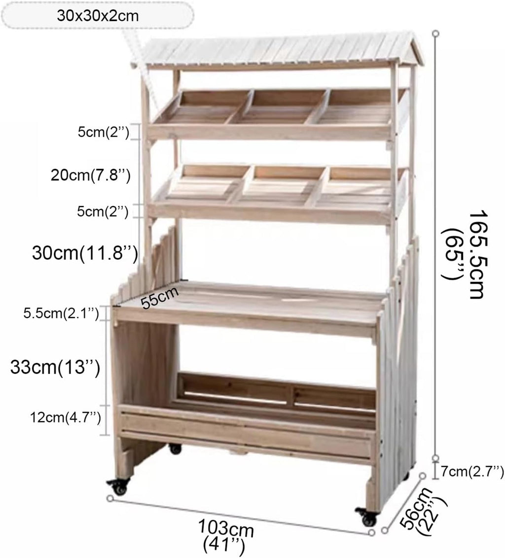 Mobile Potting Bench Table with Eaves, Garden Work Bench, Outdoor Wooden Workstation Hut with Multiple Compartments and 4 Locking Wheels, for Patio Courtyards Planter, Natural