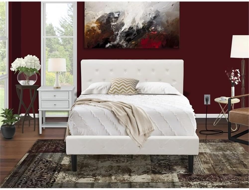 East West Furniture NL19F-1VL14 2 Piece Bed Set - Button Tufted Full Size Bed - Linen white Velvet Fabric Upholstered Headboard and an Urban Gray Finish Nightstand