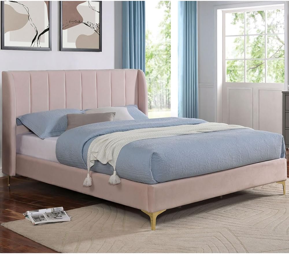 Furniture of America Navena Fabric Upholstered Queen-Size Platform Bed with Wingback Design and Channel Tufting, Gold Metal Legs, No Box Spring Required for Bedroom, Guest Room, Light Pink