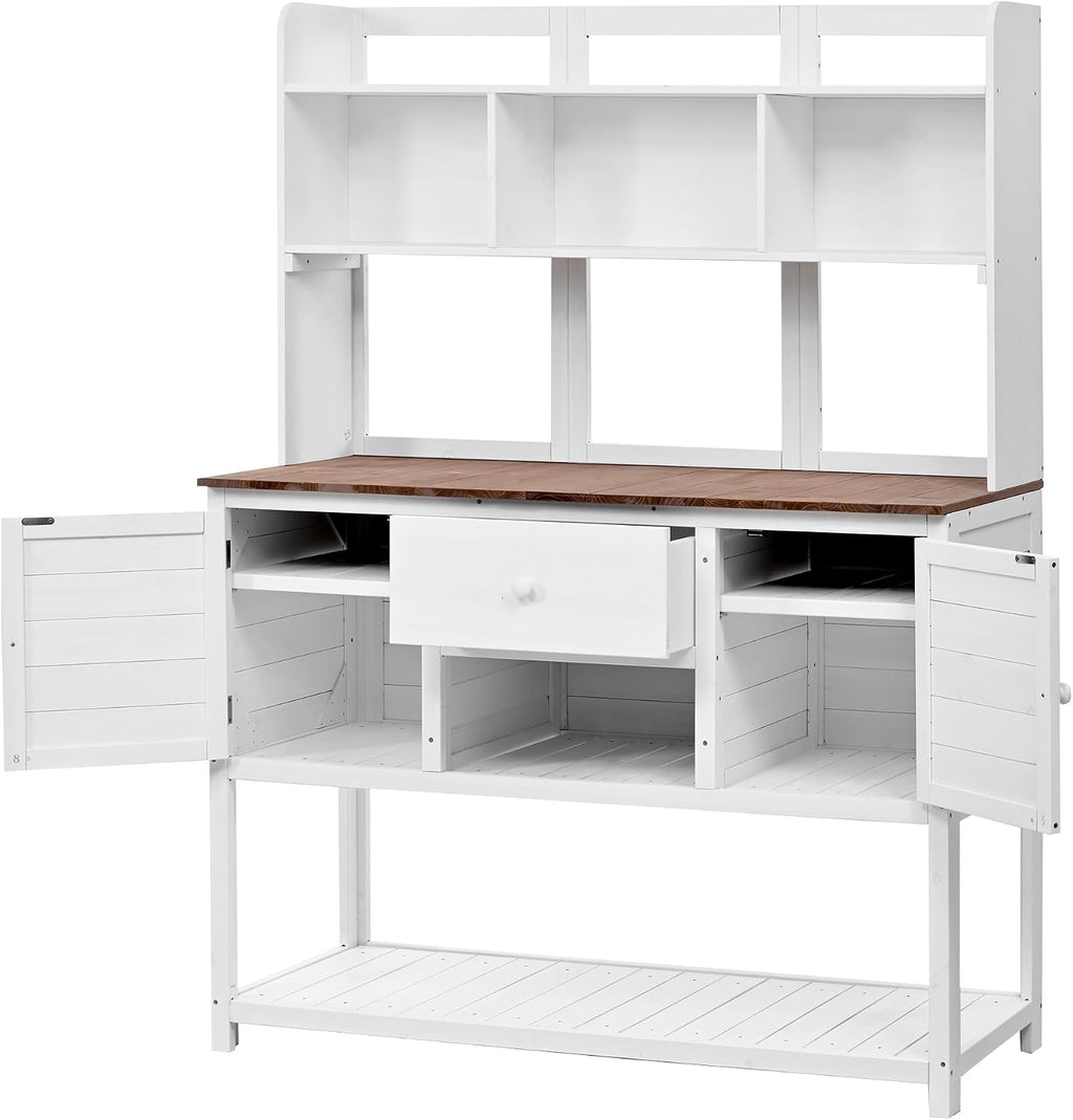 Outdoor Potting Bench Table, Solid Fir Wood Garden Workstation with Hutch, Drawer & Adjustable Shelves, Outdoor Planting Table for Gardening Backyard (White-N, 66.1''H)