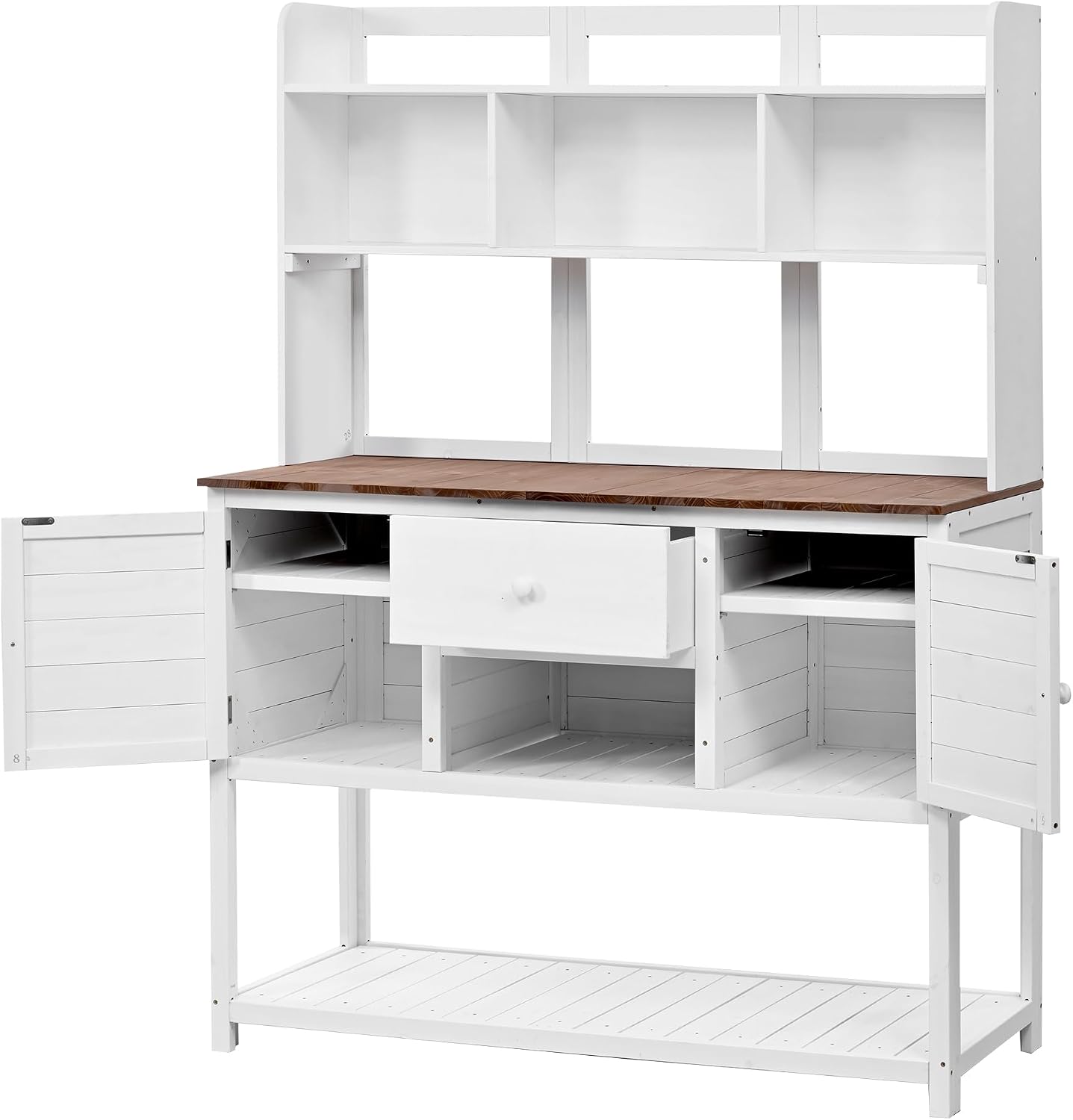 Outdoor Potting Bench Table, Solid Fir Wood Garden Workstation with Hutch, Drawer & Adjustable Shelves, Outdoor Planting Table for Gardening Backyard (White-N, 66.1''H)
