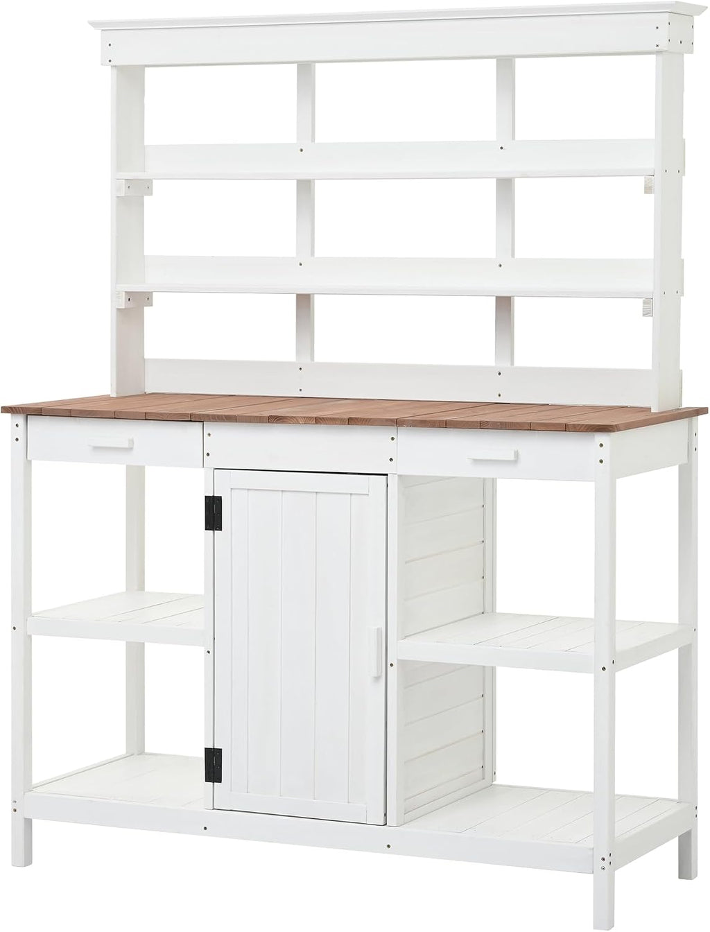 Potting Bench Table, 66 Inch Large Outdoor Farmhouse Wooden Garden Workstation with 2 Drawers Cabinet and Open Shelves for Backyard/Mudroom, White