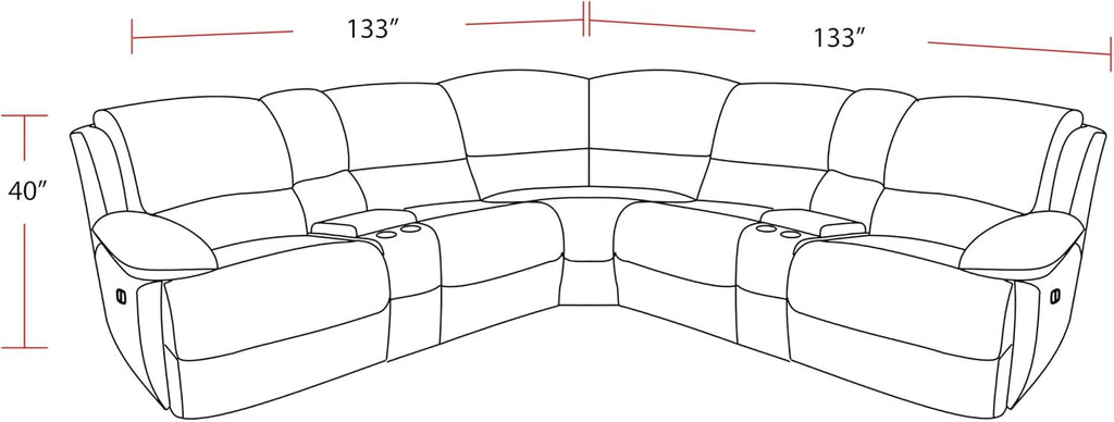 Pemberly Row Haze 7-Piece Power Reclining Sectional, 133'W x 133'D x 40'H, Adjustable Headrests, Faux Leather Cover, Storage Console with Cup Holders, USB Charging Ports, Plush Living Room Furniture