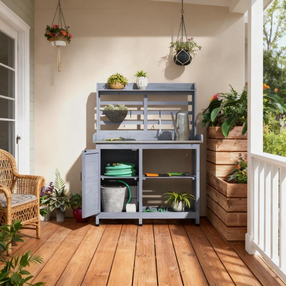 Easy to Clean Wooden Potting Bench with Storage,Sink,Water Tap,for Backyard,Patio,Balcony