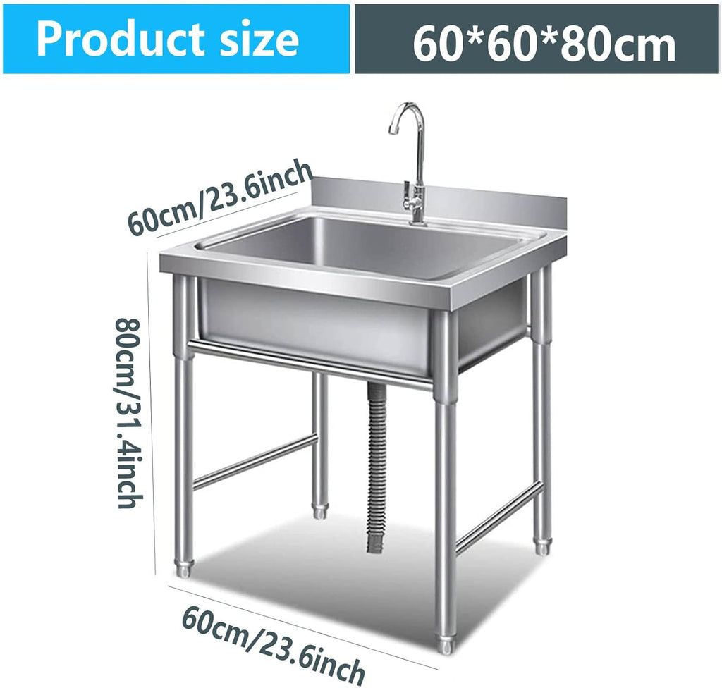 Commercial Sink, Stainless Utility Restaurant Sink,Industrial Sinks Free Standing Utility Sinks with Stands and Workbench for Garage Restaurant Kitchen Outdoor(60 * 60 * 80cm)